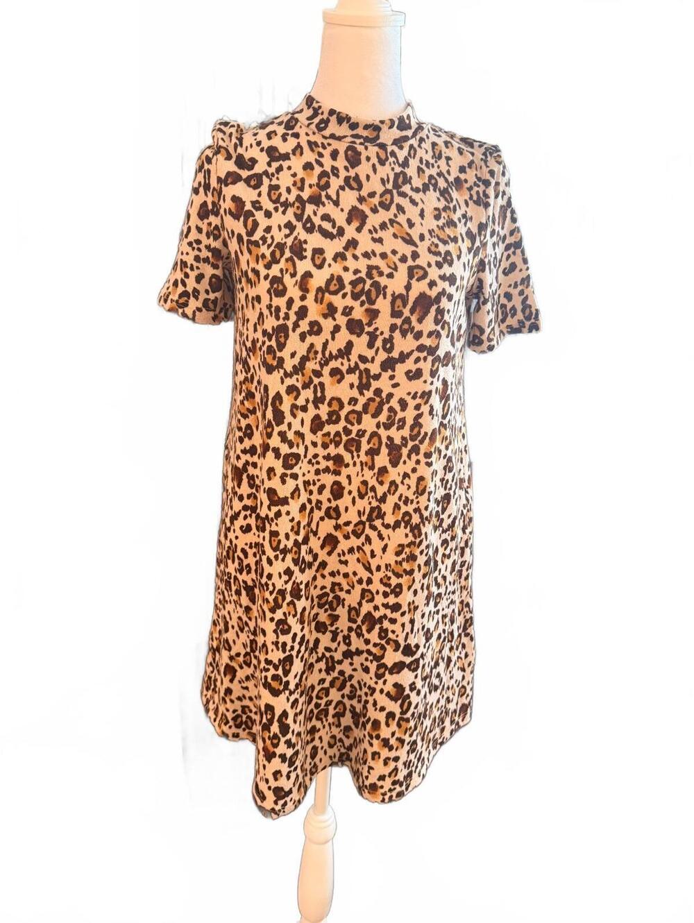 Entro Leopard Print Mock Neck A-Line Dress Small Made in USA